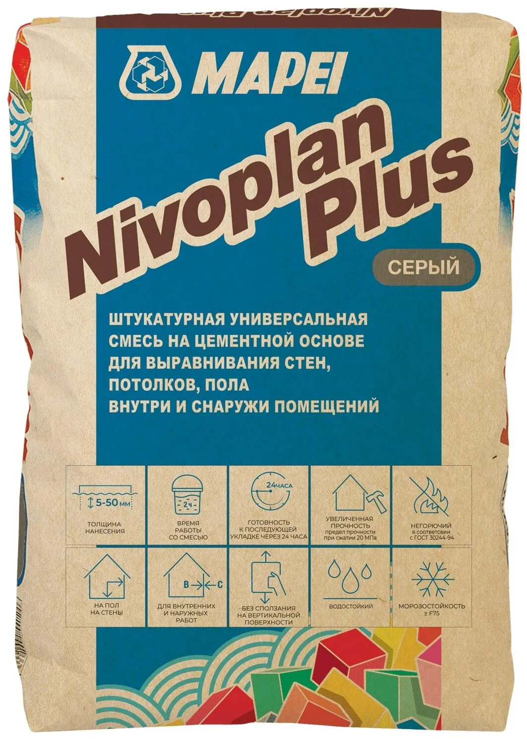 Штукатурка цементно-полимерная Мапей / Mapei Nivoplan Plus (Нивоплан Плюс) 25 кг